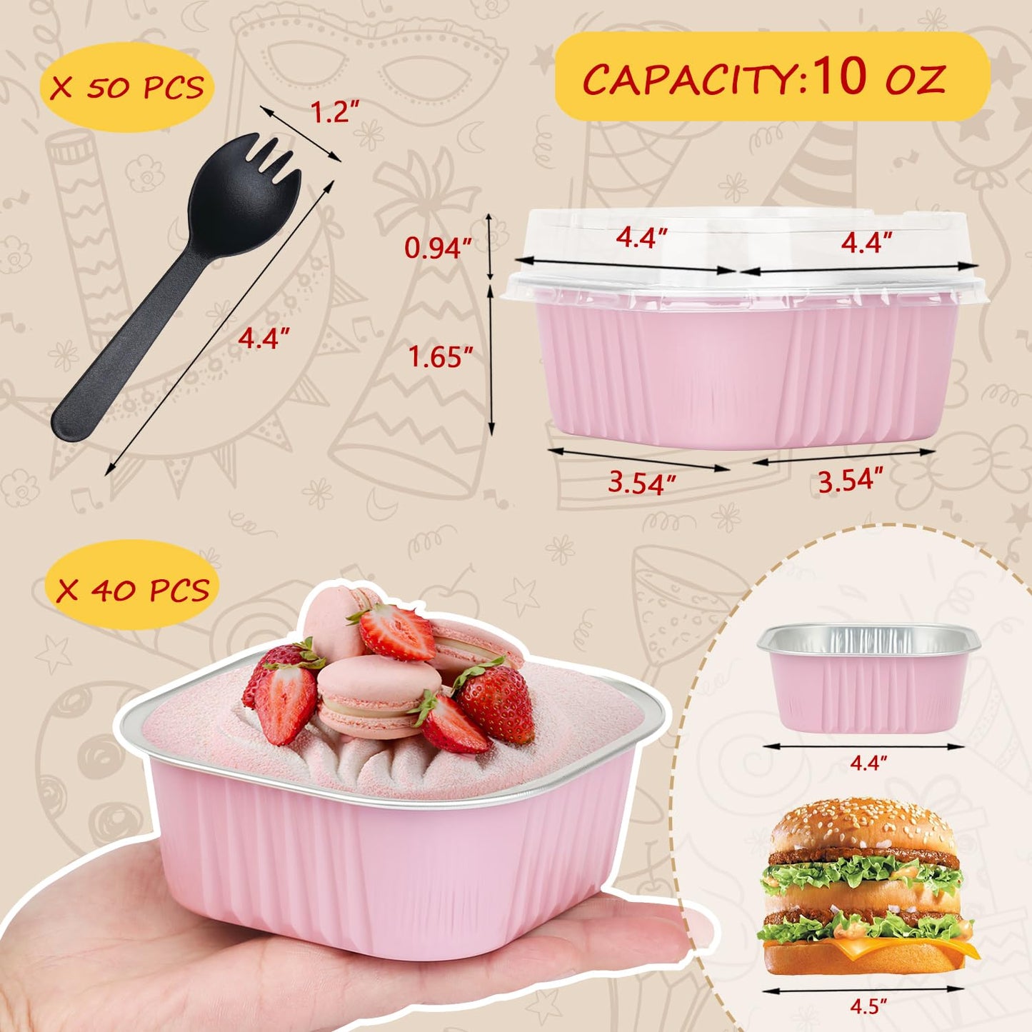 LNYZQUS 10oz Mini Cake Pans With Lids 40 Pack, Aluminum Foil Square Brownie Baking Cups,Disposable 4”x4” Large Cupcake Pan,Jumbo Muffin Tin Ramekins Holders-Pink