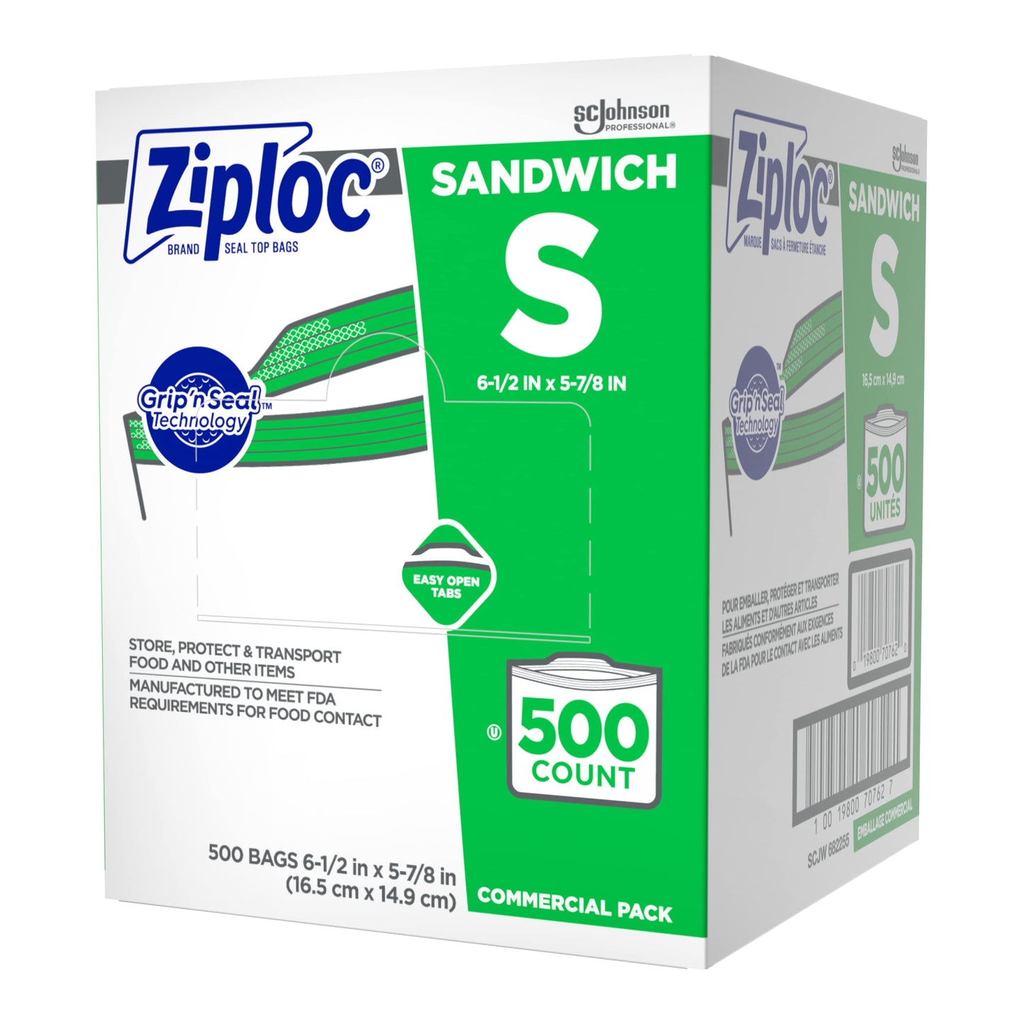 SC Johnson Professional Ziploc Brand Sandwich Bags, Food Storage Ziploc Brand Bags, Easy Open Tabs, Commercial Pack, 500 Count Box, for Professional Use Only