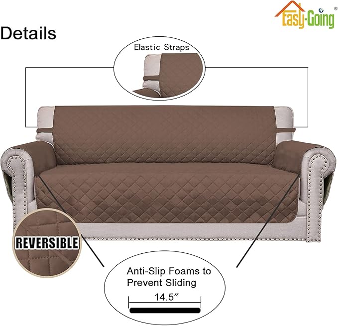 Easy-Going Reversible Loveseat Couch Cover for 2 Cushion Couch Sofa Cover for Dogs Water Resistant Furniture Protector with Foam Sticks Elastic Straps for Pet (Loveseat, Brown/Brown)