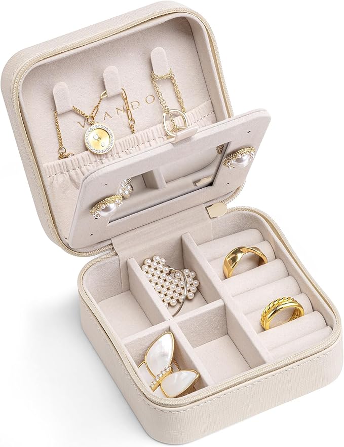 VLANDO Bridesmaid Gifts - Small Travel Jewelry Box Organizer - Wedding Gifts for Girls Women Rings Earrings Necklaces Storage with Mirror - Milky White
