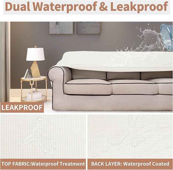 Easy-Going 100% Waterproof Oversized Loveseat Couch Cover, Dual Waterproof Sofa Cover, Stretch Jacquard Sofa Slipcover, Leakproof Furniture Protector for Kids, Pets, Dog and Cat, Cream