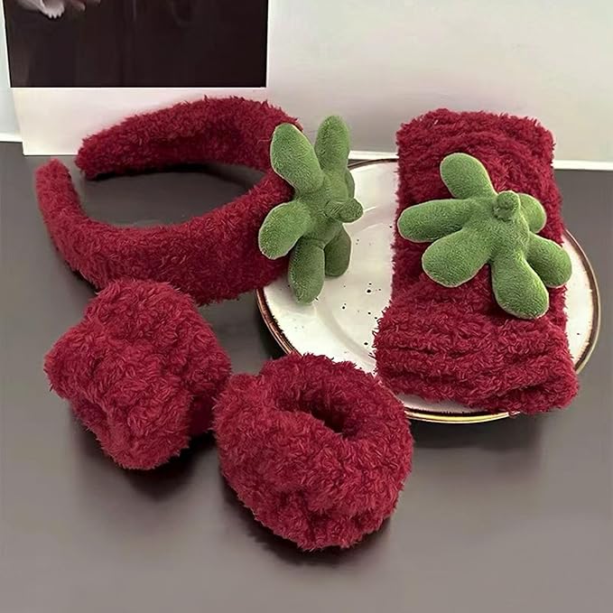 Ivyu Spa Skincare Headbands& Wristband Set，Cute Strawberry Makeup Headband For Women Girls,Non Slip Sponge Headband，Skincare-Padded Soft Thick Terry Cloth Hair Band Accessory.