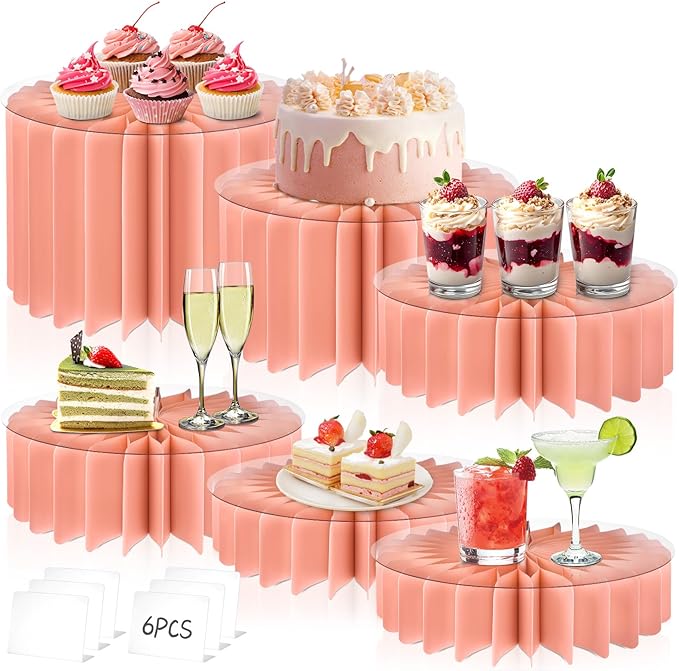 6Pcs Buffet Risers, Valentine's Day Food Risers for Table, Foldable Cake Display Stands, Tall Cardboard Cupcakes Stand for Show Catering Desserts Jewelry Wedding Birthday Party Decoration (Pink)