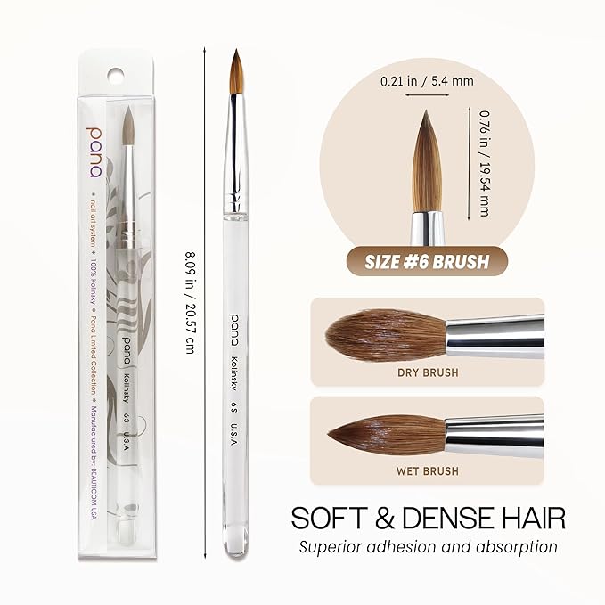 PANA Pure Kolinsky Hair Nail Brush - Round Clear Acrylic Handle (Size 6) - for Acrylic Nail Application, Nail Extension, Manicure Pedicure Salon Beginner and Professional
