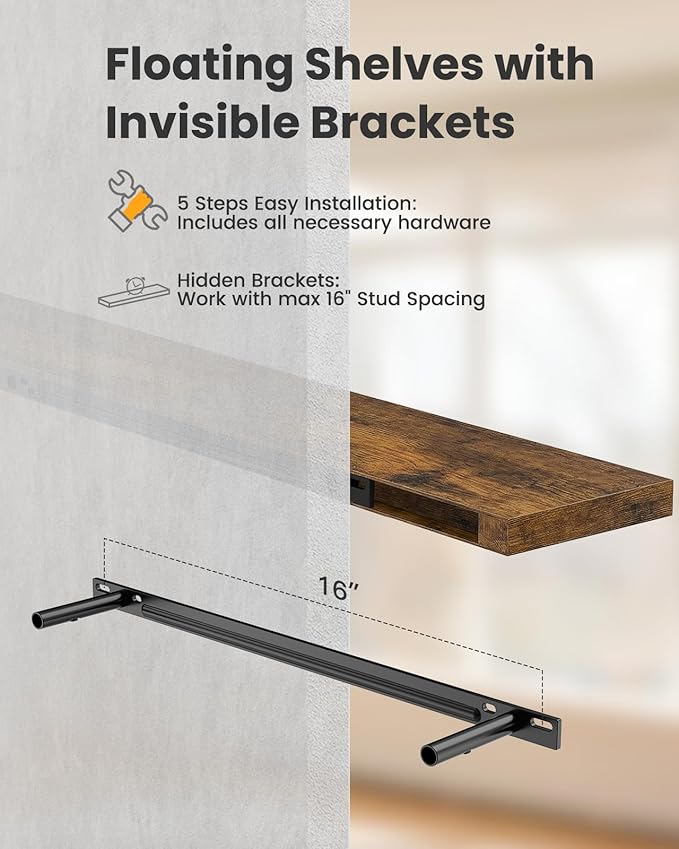 AMADA HOMEFURNISHING 23.6" L Floating Shelves, Wall Shelves Set of 3 for Bathroom/Living Room/Bedroom/Kitchen, Floating Shelves for Wall Decor with Invisible Brackets - AMFS44V, Rustic Brown