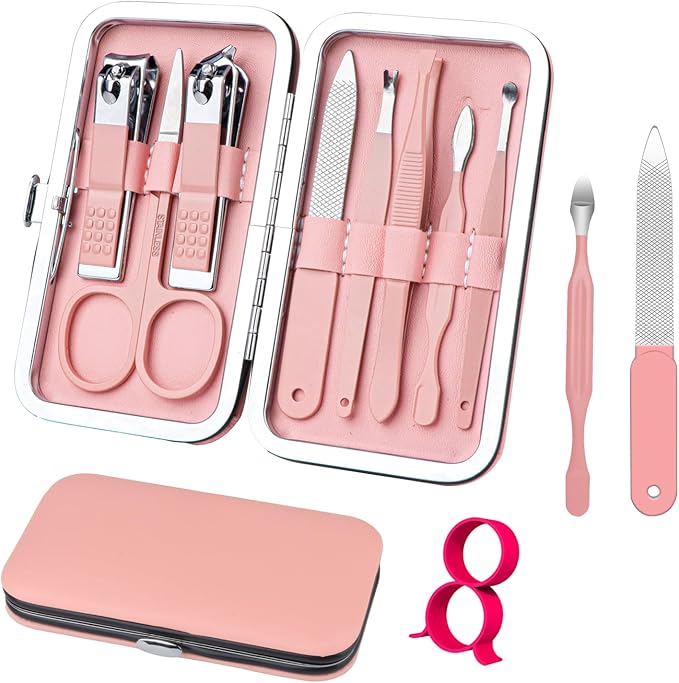 Manicure Set 8 in 1 Nail Clipper Set,RedFlow Nail Clippers,Fingernail & Toenail Clippers,Manicure Tools,Pedicure Tools,Suitable for Travel Manicure Kit,Nail Set Kit with Everything Profe (Pink)