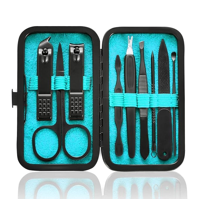 Manicure Set 9 in 1 Stainless Steel, Nail Clippers Scissors Pedicure Tools Kit - Portable Travel Grooming Kit for Men and Women with Black/Blue Leather Case (Blue)