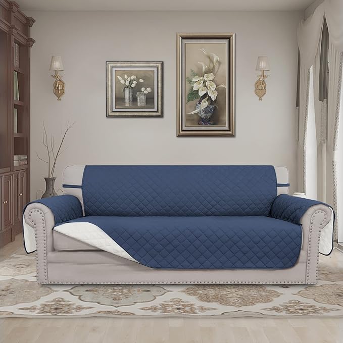 Easy-Going 4 Seater Sofa Slipcover Reversible Sofa Cover Water Resistant Couch Cover with Foam Sticks Elastic Straps Furniture Protector for Pets Children Dog Cat (XX-Large, Dark Blue/Ivory)