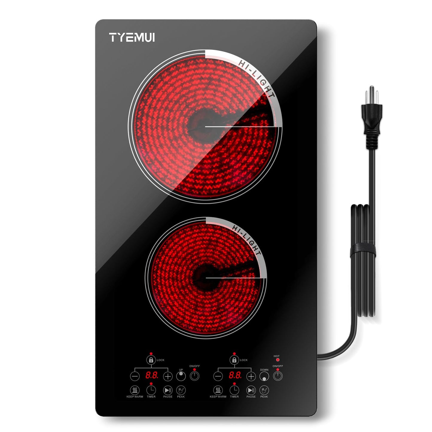 TYEMUI Double Burner Electric Cooktop Plug in 2000W, 110V~120V Countertop Stove, Electric Stove 2 Burner for Cooking, 110 volt Kitchen Stove 12inch Built-in Countertop with Timer, Peak, Pause