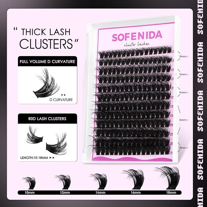 SOFENIDA Lash Clusters 80D Individual Cluster Lashes 10-18mm Volume Eyelash Clusters D Curly Cluster Eyelash Extensions 3D Thick Lash Clusters Wispy Lashes Clusters(80D-10-18MIX Lashes)