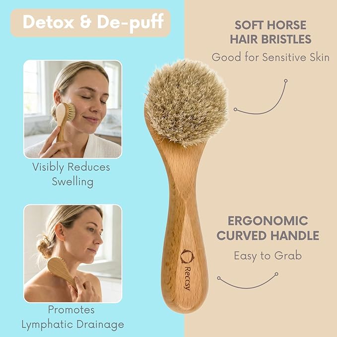 Reccsy Face Brush Set - Soft Natural Bristle Facial Dry Brush for Lymphatic Drainage & Face Exfoliator Brush - Includes 4 Reusable Cleansing Pads