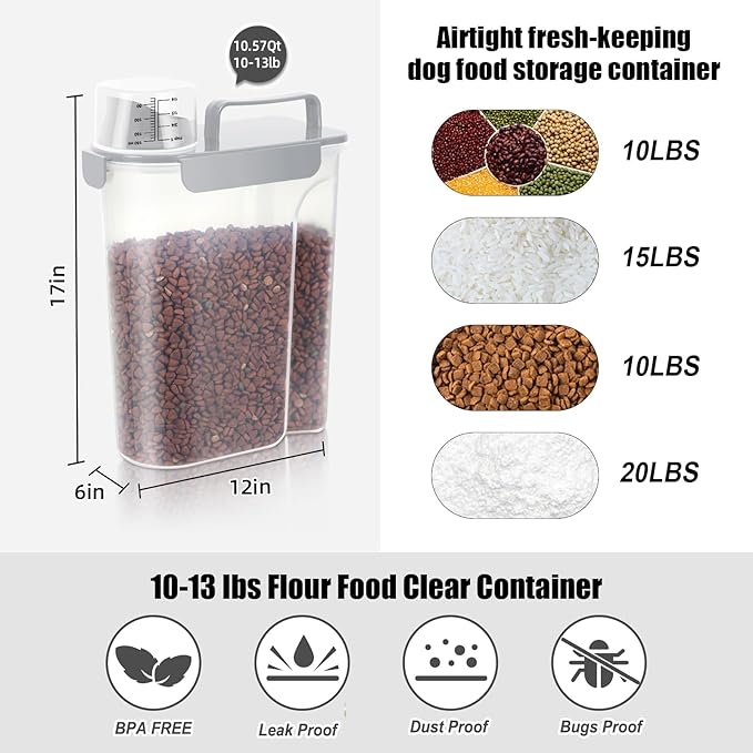10-13 Lbs Upgrade Capacity Dog Cat Food Storage Container, Pet Dog Treat Container, Airtight, Clear Bucket Body, With 2-Cup Scoop, Handle, Large Nozzle, 4-Safety Buckles, Easy to Clean, Gray