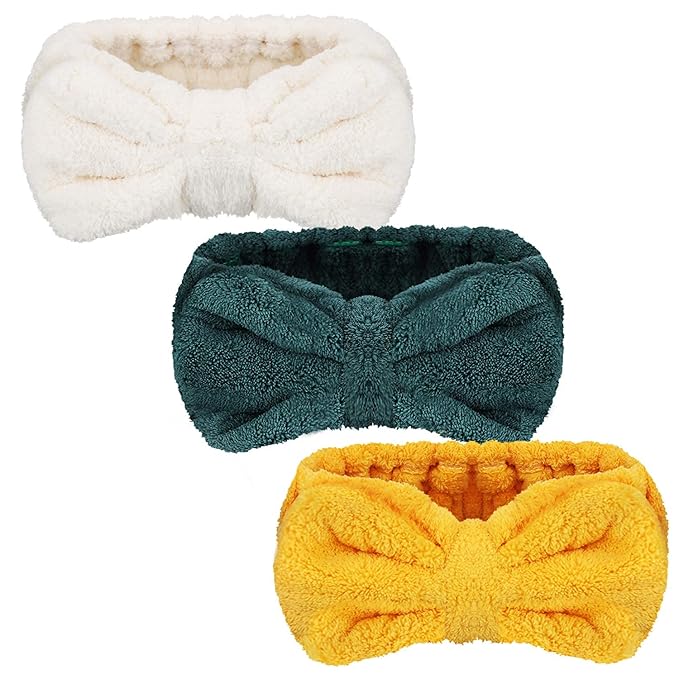 3 Pieces Wash Face Headband Makeup Spa Headband Towel Terry Hair Bands Microfiber Bowtie Shower Facial Adjustable HairBand for Women (Pink, Blue, White)