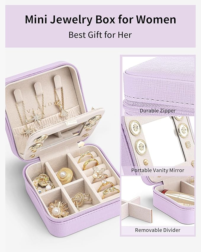 VLANDO Small Travel Jewelry Box Organizer - Girls Women Gift Rings Earrings Necklaces Jewelry Storage Display Case with Mirror Purple