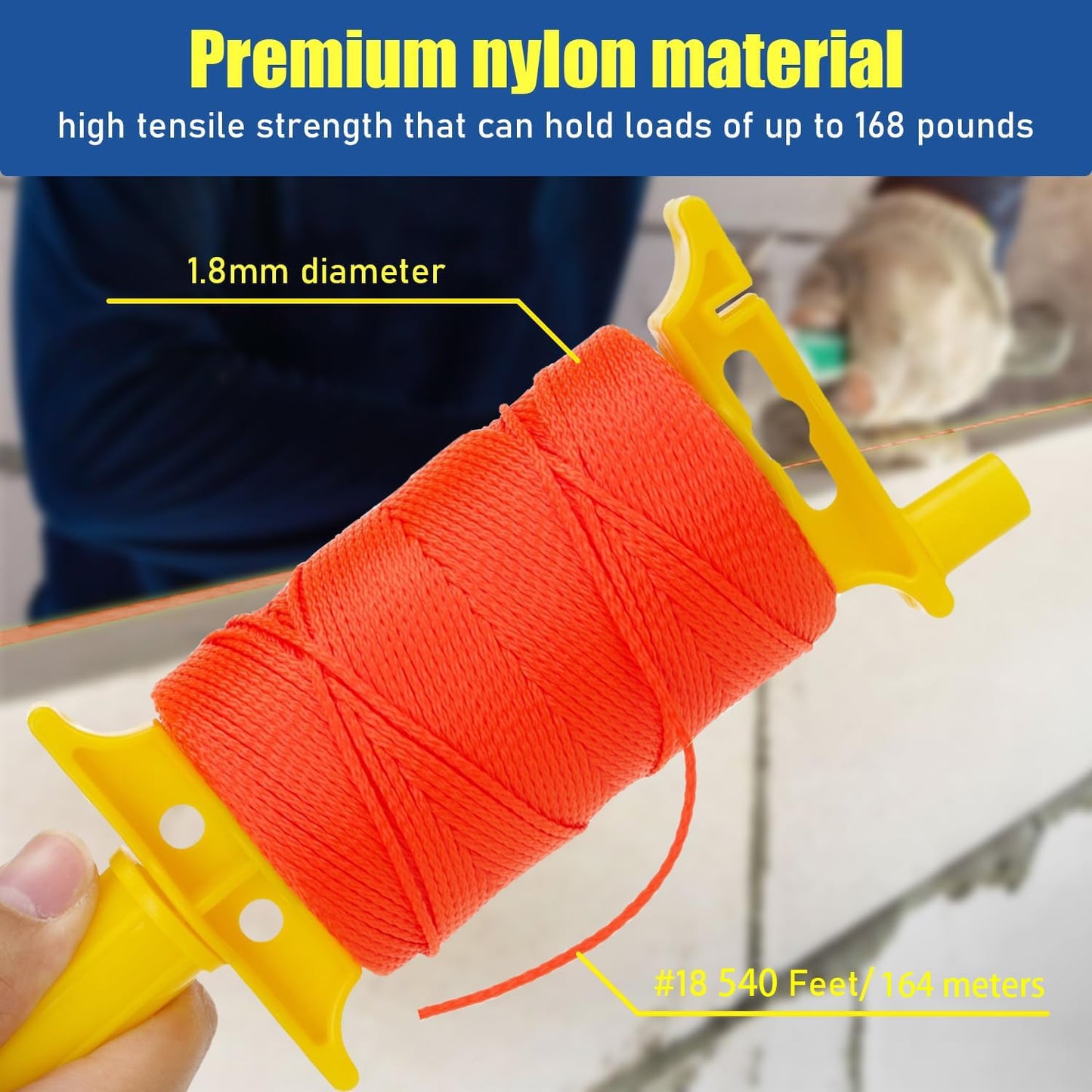 LURKA Mason Line String,#18 540 Feet Braided Construction Nylon Line with 5 Built-in Levels and Spool Fluorescent String Line for Precision Work, DIY, and Gardening (Fluorescent Orange)