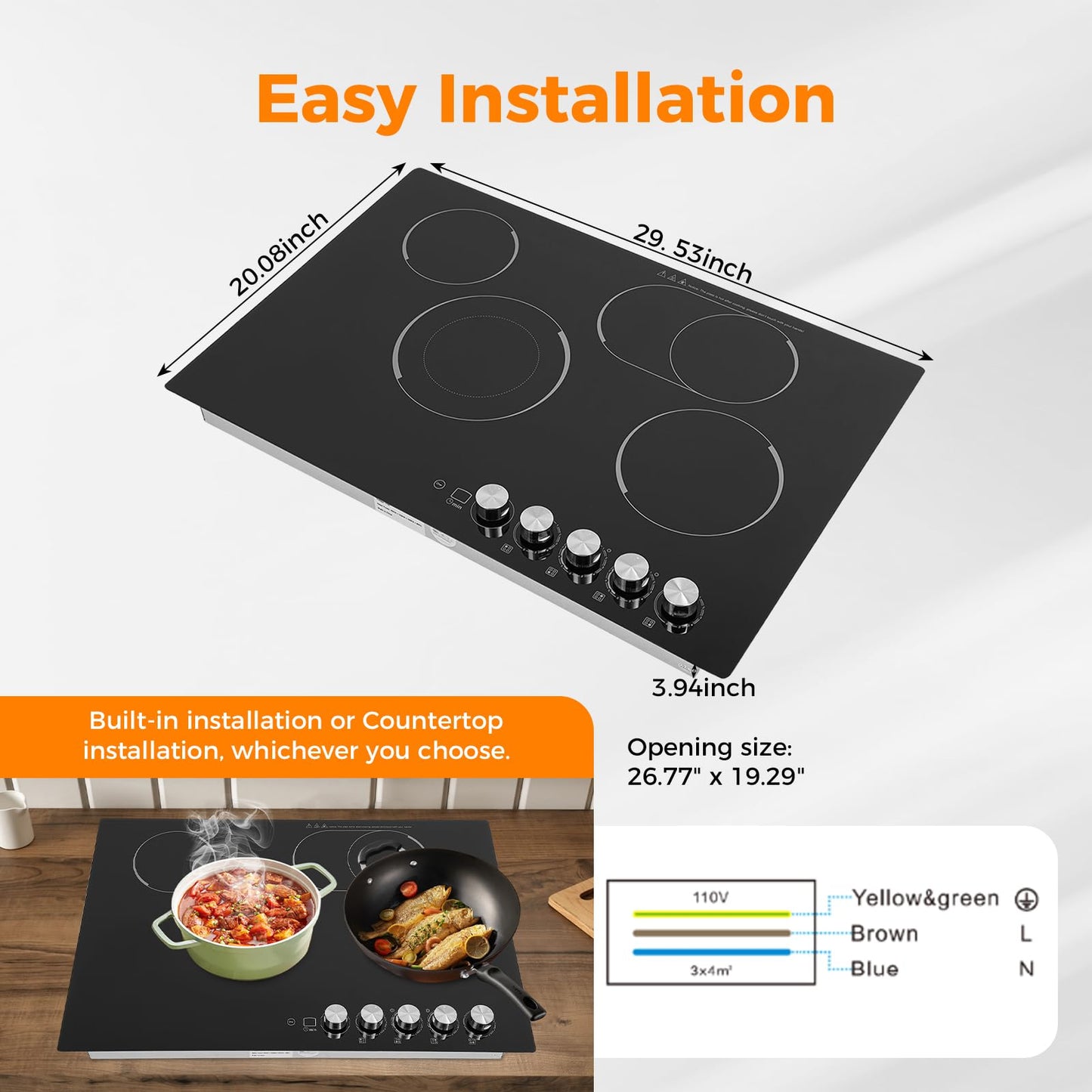 4-Burner Electric Cooktop, 30" x 20" Electric Ceramic Cooktop with Knob Control, 110V 1200W Built-in Stove Top with 0-90mins Timer, for Home, Commercial Kitchen, for Hotel, Restaurant