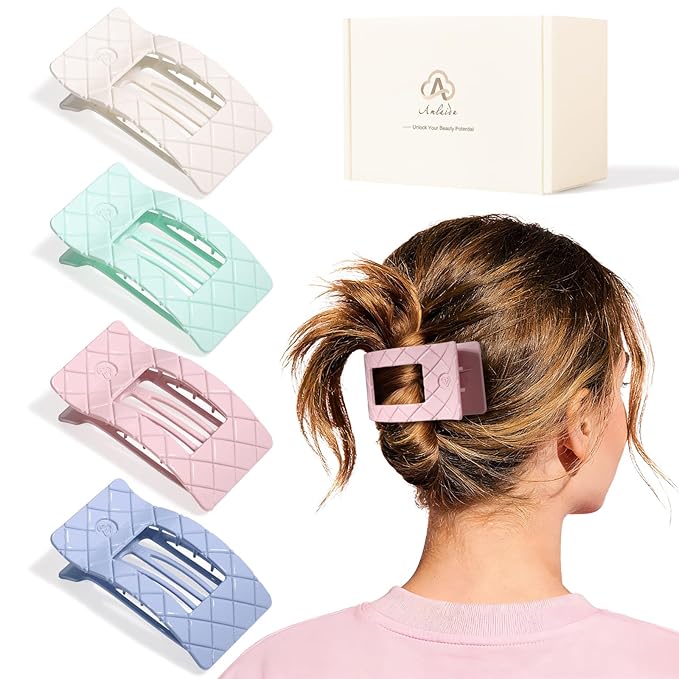 Large Flat Hair Claw Clips for Women for Thin Thick Hair, Stylish Strong Hold Non Slip Square Hair Clips, Cozy French Lay Down Hairclips, White, Purple, Green, Pink, Glossy Macaron, 4 Pcs