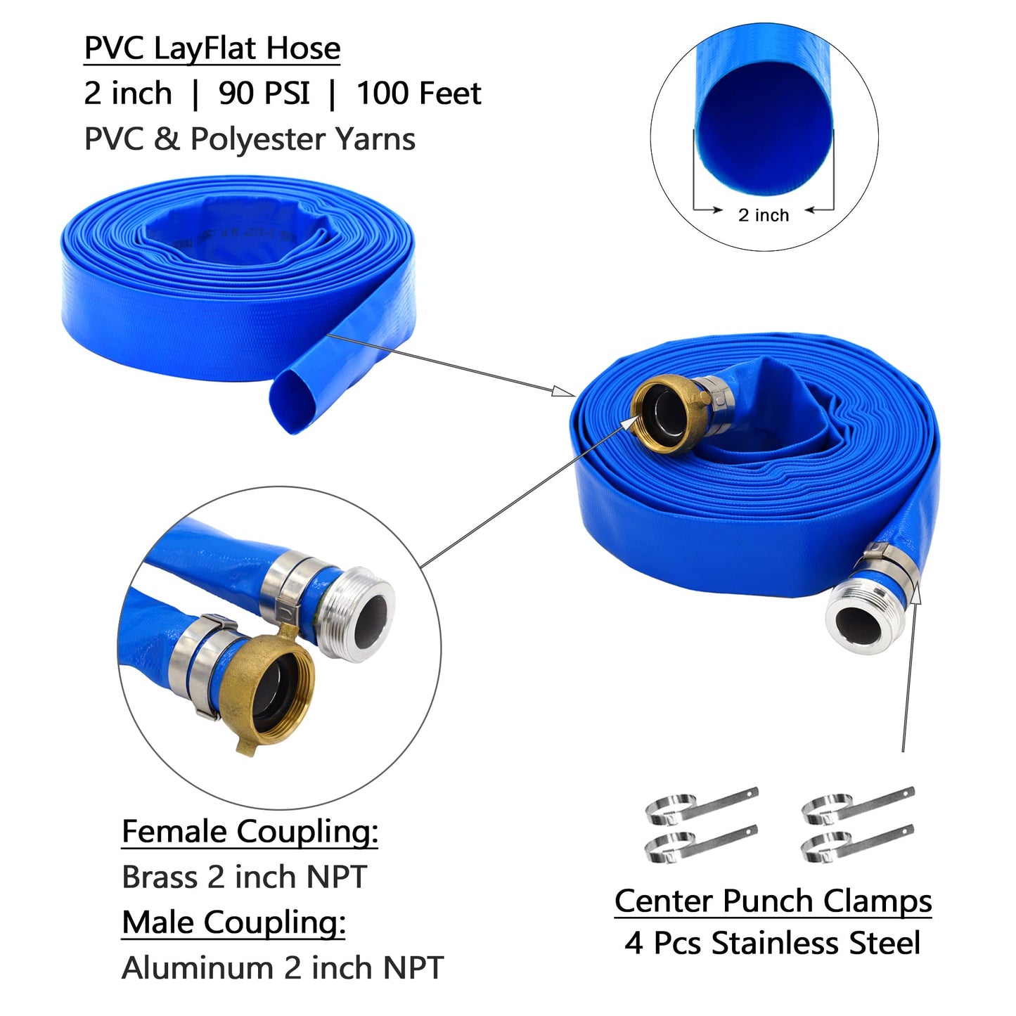 DAVCO 2" ID × 100 ft Pool Backwash Hose, Heavy Duty Reinforced Blue PVC Lay Flat Water Discharge Pump Hoses For Swimming Drain Pools and Clean Filters, With Aluminum Pin Lug Fittings