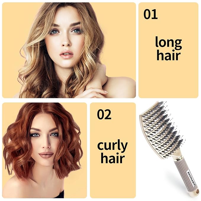 Detangling Brush Boar Bristle Hair Brush,Suitable for Men, Women & Kids’ Long Curly Wet or Dry Hair,EKONAER Hairbrush for Thick Make Hair Shiny & Healthier(Gold)
