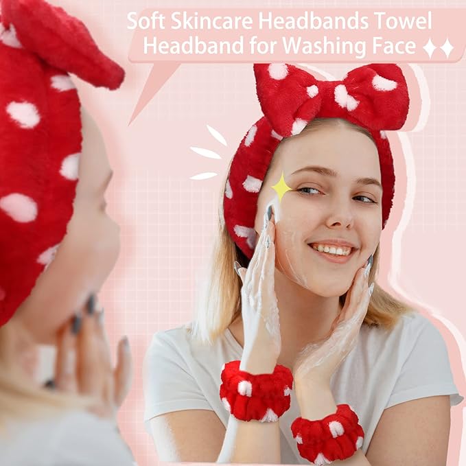 Janmini 36 Pcs Spa Headband and Wristbands Set for Washing Face Facial Spa Hair Wraps Makeup Skincare Bath Winter Gifts 12 Pcs Flannel Hairbands 24 Wristbands for Women Girls(Dot Stripe Leopard)