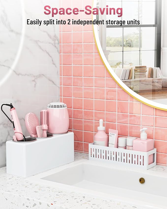 Hair Tool Organizer, Detachable Hair Dryer Holder with 3 Stainless Steel Cups, Wall Mounted Bathroom Organizers and Storage for Accessories, Curling Irons, Straighteners, Toiletries, Makeup