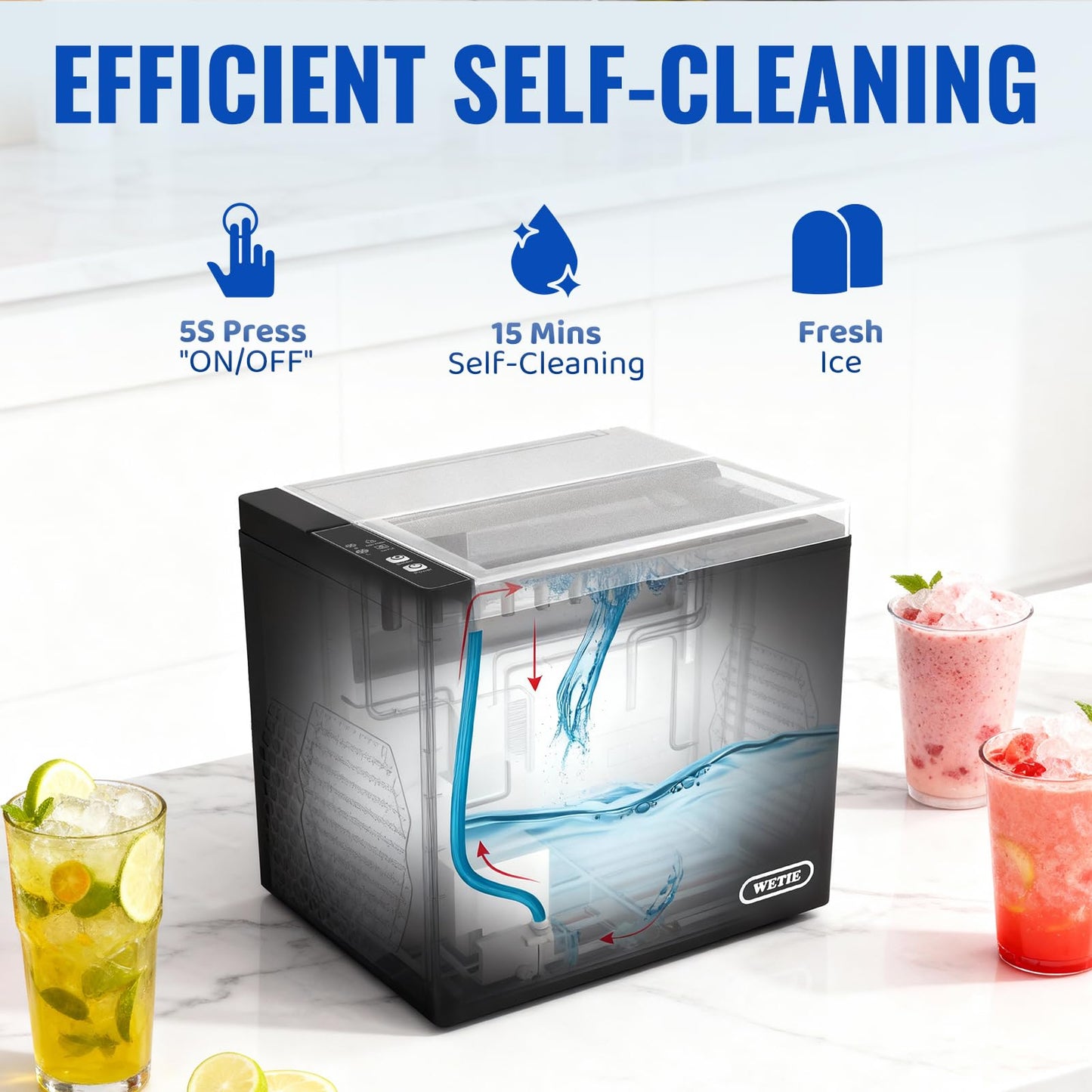WETIE Ice Maker Countertop, 9 Bullet Ice Cubes in 6 Minutes, 26lbs/24Hrs with 2 Sizes, Portable Ice Machine with Basket, Scoop and Ice Pack, Compact ice Maker for Home, Kitchen, Camping, Party