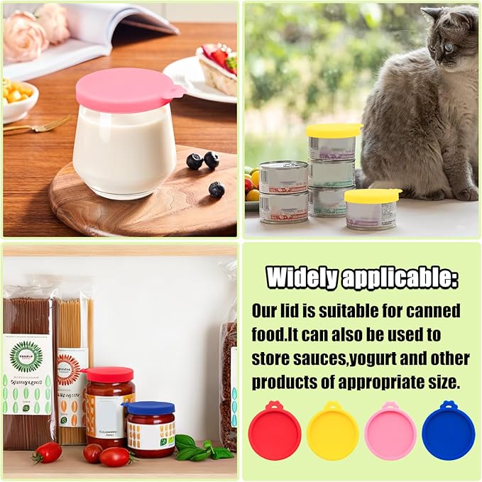 PINE & LINEN 4 Pcs 2.5inch Durable Pet Can Lids, Silicone Small Pet Can Covers Waterproof Cat Food Cans Lids for 3 oz Cat Food Cans（Yellow+Red+Pink+Blue）