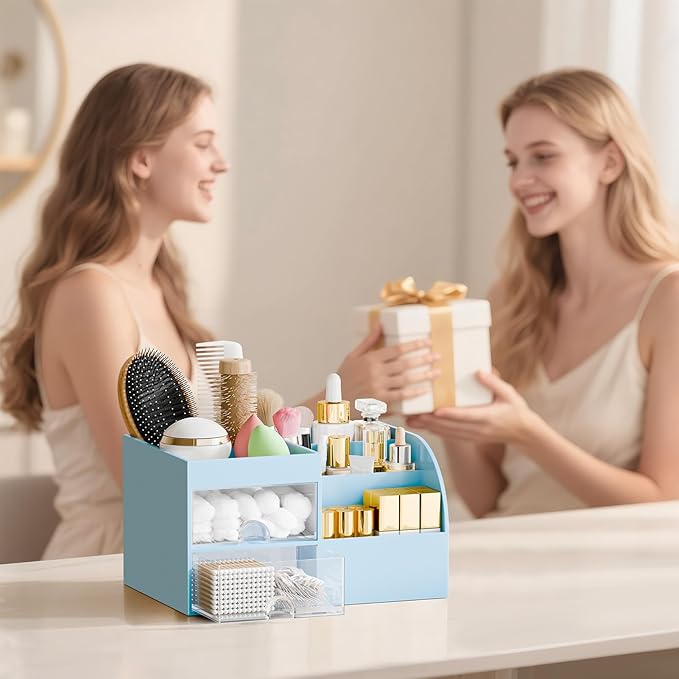 Makeup Organizer with 2 Drawers, Makeup Organizers Countertop for Vanity and Bathroom, Make up organization and Skincare Storage with Brush Holder, for Dresser, Desktop, Cosmetic Display Case (Blue)