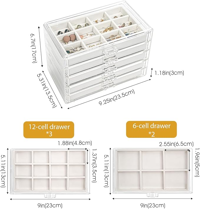 ProCase Earring Holder Organizer Jewelry Box with 5 Drawers, Acrylic Clear Earring Case with Adjustable Velvet Trays for Women - Warmwhite,5 Layers
