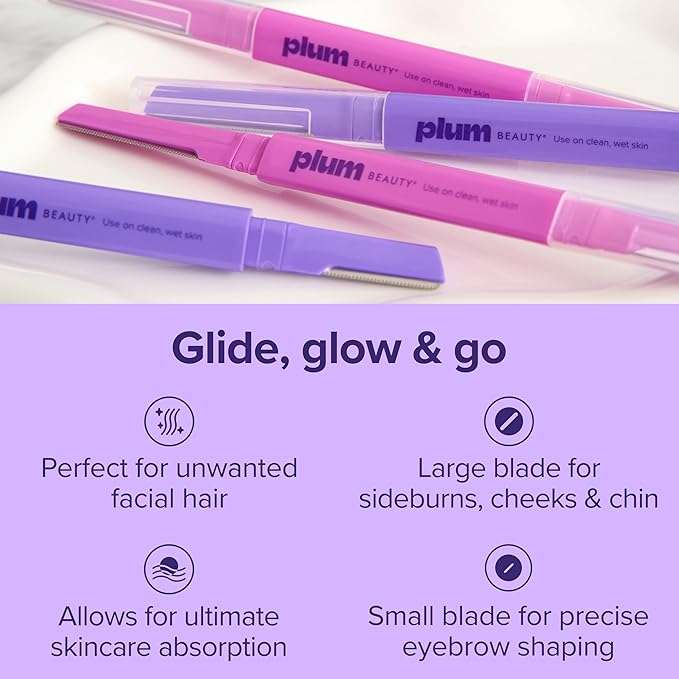 Plum Beauty Double-Sided Dermaplaning Razors (4-Pack) Ã¢ÂÂ Dual-Blade Facial Razors for Women - Precision & Large Blades for Brows, Upper Lip, & Cheeks - Peach Fuzz Remover & Exfoliating Face Tool