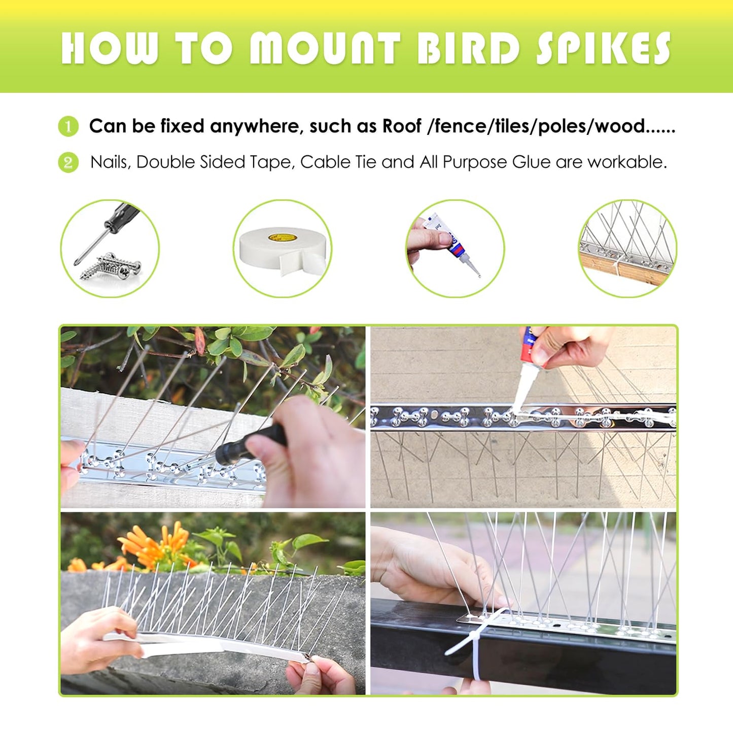 Valibe Pigeon Spikes Stainless Steel Bird Spikes for Outside to Keep Birds Away 12 Pack 10ft Coverage Bird Spikes Wire Prevention Spikes for Small Bird Squirrel for Fence Roof Blacony