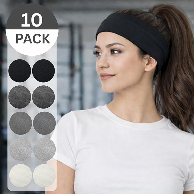Styla Hair Headbands for Women Stretch Fashion Head Bands 10 Pack Non-Slip Head Wraps Great for Spa, Sports, Yoga, Pilates, Running, Gym Headband, Workouts (Black Grey)