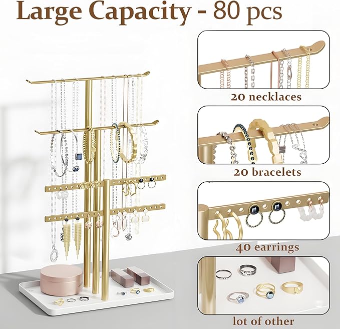 pickpiff Gold Jewelry Stand Holder Organizer: 12.5" Sturdy Hanger for 80 Pcs Jewelry, Jewlery Tower for Display Necklace, Earring, Bracelet, Watch