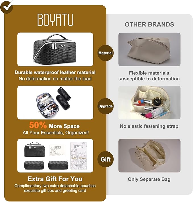 BOYATU Travel Makeup Bags for Women: Large Capacity Make up Bag with Wide Opening - 3 Pcs Set Waterproof Travel Toiletry Organizer for Full-Sized Bottles, Cosmetics & Brushes (Black-W)