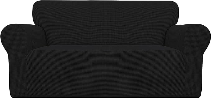 Easy-Going Stretch Loveseat Slipcover 1-Piece Sofa Cover Furniture Protector Couch Soft with Elastic Bottom for Kids Polyester Spandex Jacquard Fabric Small Checks (Loveseat, Black)