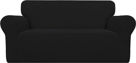 Easy-Going Stretch Loveseat Slipcover 1-Piece Sofa Cover Furniture Protector Couch Soft with Elastic Bottom for Kids Polyester Spandex Jacquard Fabric Small Checks (Loveseat, Black)
