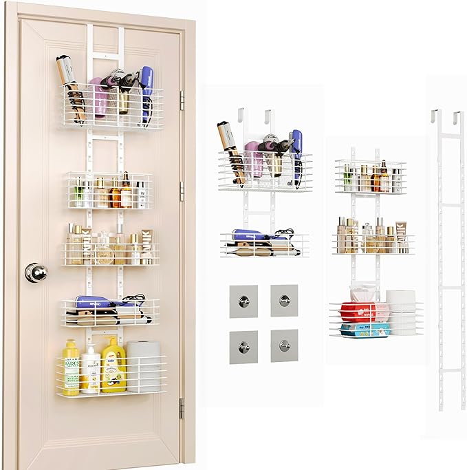Yuyetuyo 5-Tier Over The Door Organizer Bathroom Shelves Hair Tool Organizer - Hair Dryer Holder Adjustable Height, DIY Bathroom Storage Shelf Wall Mounted Behind The Door Storage