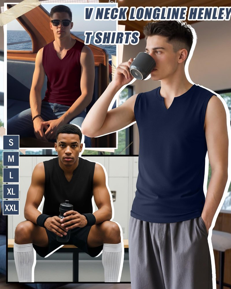 Riyiper 3 Pack Men's Sleeveless Tank Tops, V Neck Longline Henley T Shirts Casual Basic Muscle Shirts Stretch Athletic Tee(Black, Navy Blue, Wine Red,Large)