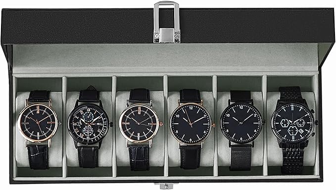 SONGMICS Watch Box, 6-Slot Watch Case Organizer with Large Glass Lid, Removable Pillows, Gift for Loved Ones, Black Synthetic Leather, Greenish Gray Lining UJWB06BK