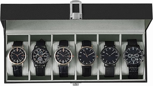 SONGMICS Watch Box, 6-Slot Watch Case Organizer with Large Glass Lid, Removable Pillows, Gift for Loved Ones, Black Synthetic Leather, Greenish Gray Lining UJWB06BK