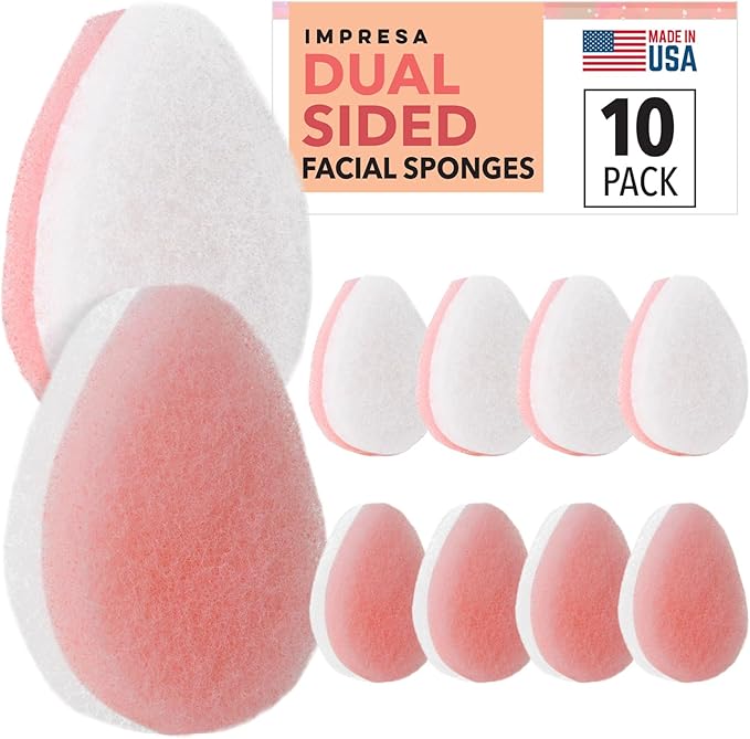 IMPRESA Dual-Sided Facial Scrub Pads - Exfoliating Face Sponges - Made in USA Face Exfoliation Sponge - Deep Cleansing & Makeup Removal Scrub Pads - Pack of 10