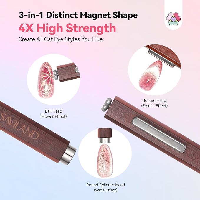 SAVILAND Essentials Cat Eye Magnetic for Nail: 3-in-1 Brown Cat Eye Gel Nail Polish N35 Neodymium Round Long Strip Magnet Wand Stick Diverse Effect Double Ended Nail Salon Design Tools Set Accessories