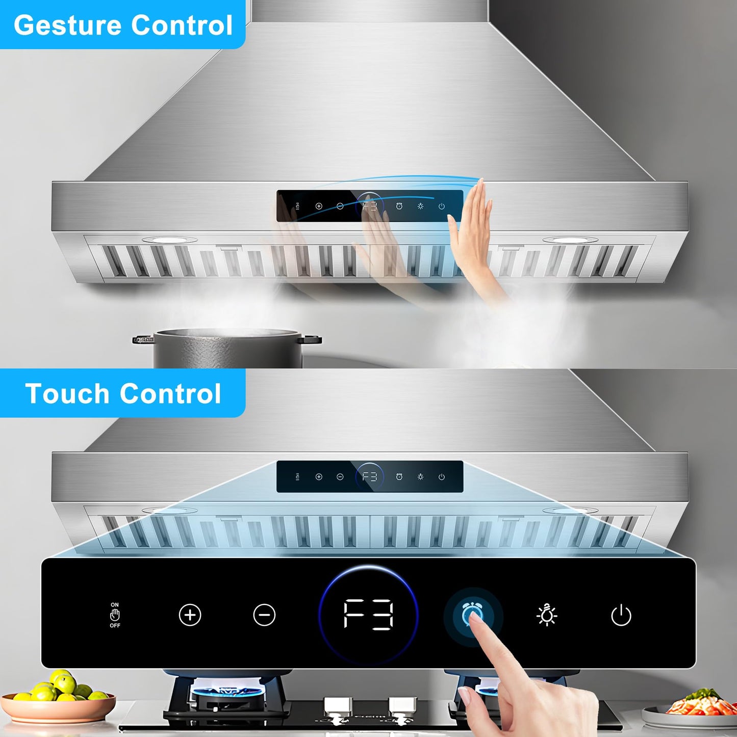 30 inch Range Hood Wall Mount, 1200 CFM with 4-Speed Gesture Sensing & Touch Control, Stainless Steel Ducted Kitchen Stove Vent Hoods with 2 LED Lights, Time Setting, Dishwasher-Safe Baffle Filters