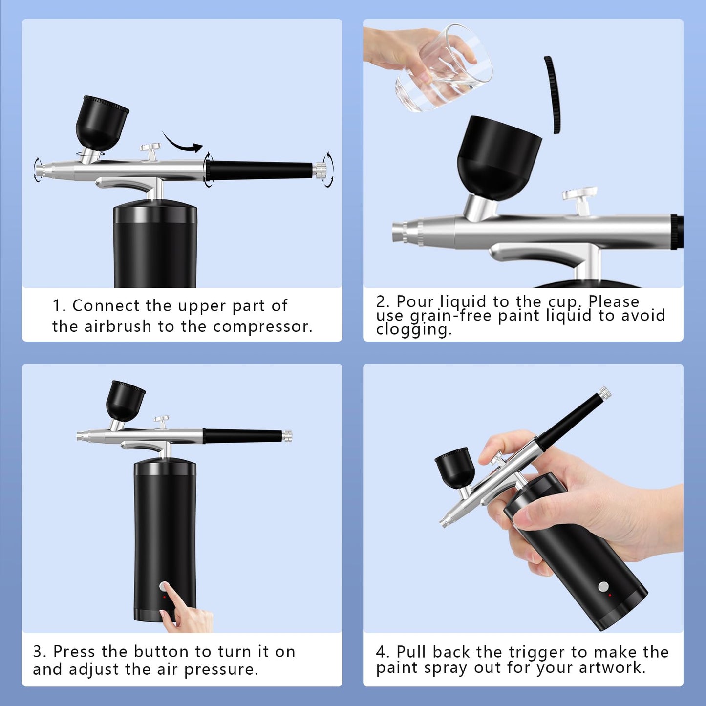 Airbrush Kit With Compressor 48PSI Rechargeable High Pressure Air Brush Set Cordless Airbrush Kit with 0.3mm Nozzle for Painting,Nail Art, Cake Decor,Makeup,Modeling (Black)