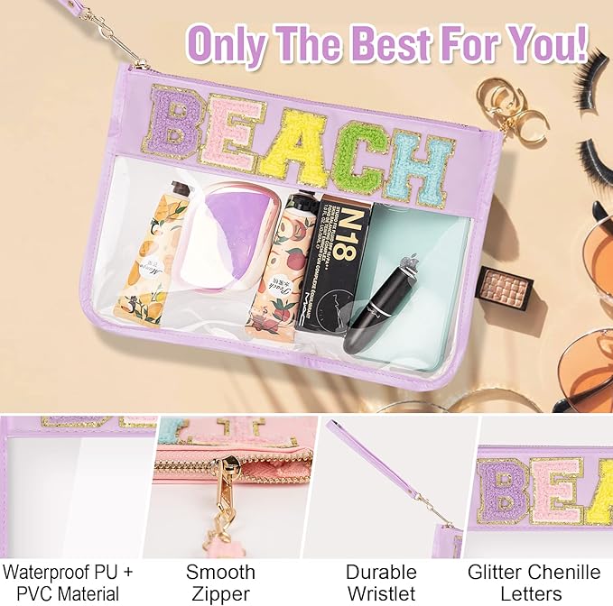 Chenille Letter Clear Bag Beach Purse with Wristlet, Monogram PVC & PU Clear Zipper Pouch, Waterproof Portable Glitter Snacks Makeup Beach Pouch Toiletry Bag for Women Girls (BEACH-Purple)