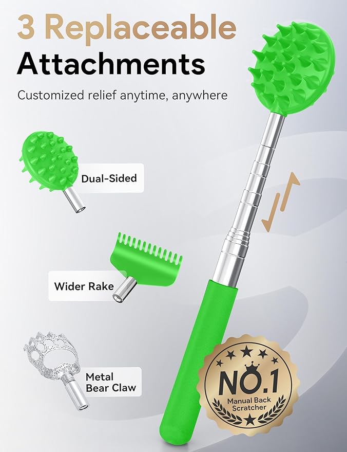 TUKUOS Telescoping Back Scratcher with 5 Detachable Scratching Heads, Valentines Day Gifts for Him Men, Anniversary Birthday Gifts for Men Women Back Scratcher for Men/Dad/Women/Adults - Green