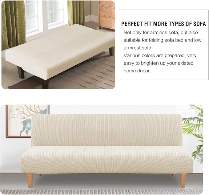 H.VERSAILTEX Armless Futon Cover Stretch Sofa Bed Slipcover Protector Elastic Feature Rich Textured High Spandex Small Checks Jacquard Fabric Futon Cover, Machine Washable, Natural