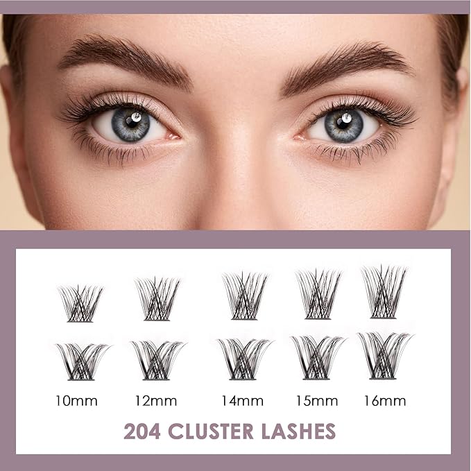 OCEAN PEARL Lash Clusters 204pcs 10-16mm Mix Length Individual Lashes Volume Eyelash Extensions Eyelash Clusters Thin Band Eyelashes Soft Natural Look Cluster Lashes DIY Lash Extensions-D01/17
