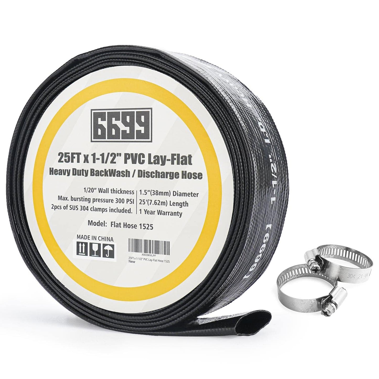 6699 Discharge Hose 1-1/2-Inch by 25-foot Sump Pump Hose with 2pcs SUS 304 Clamps Pool Backwash Hose for Draining/Removing Water Lay Flat Hose 1525