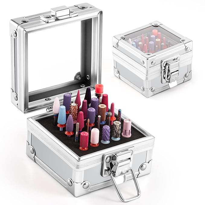 MelodySusie Nail Drill Bits Holder, 25 Holes Case, Portable Dustproof Displayer Organizer Container, Nail Tech Professional Nail Art Tool, Travel Salon Home, Silver (Drill Bits Not Included)